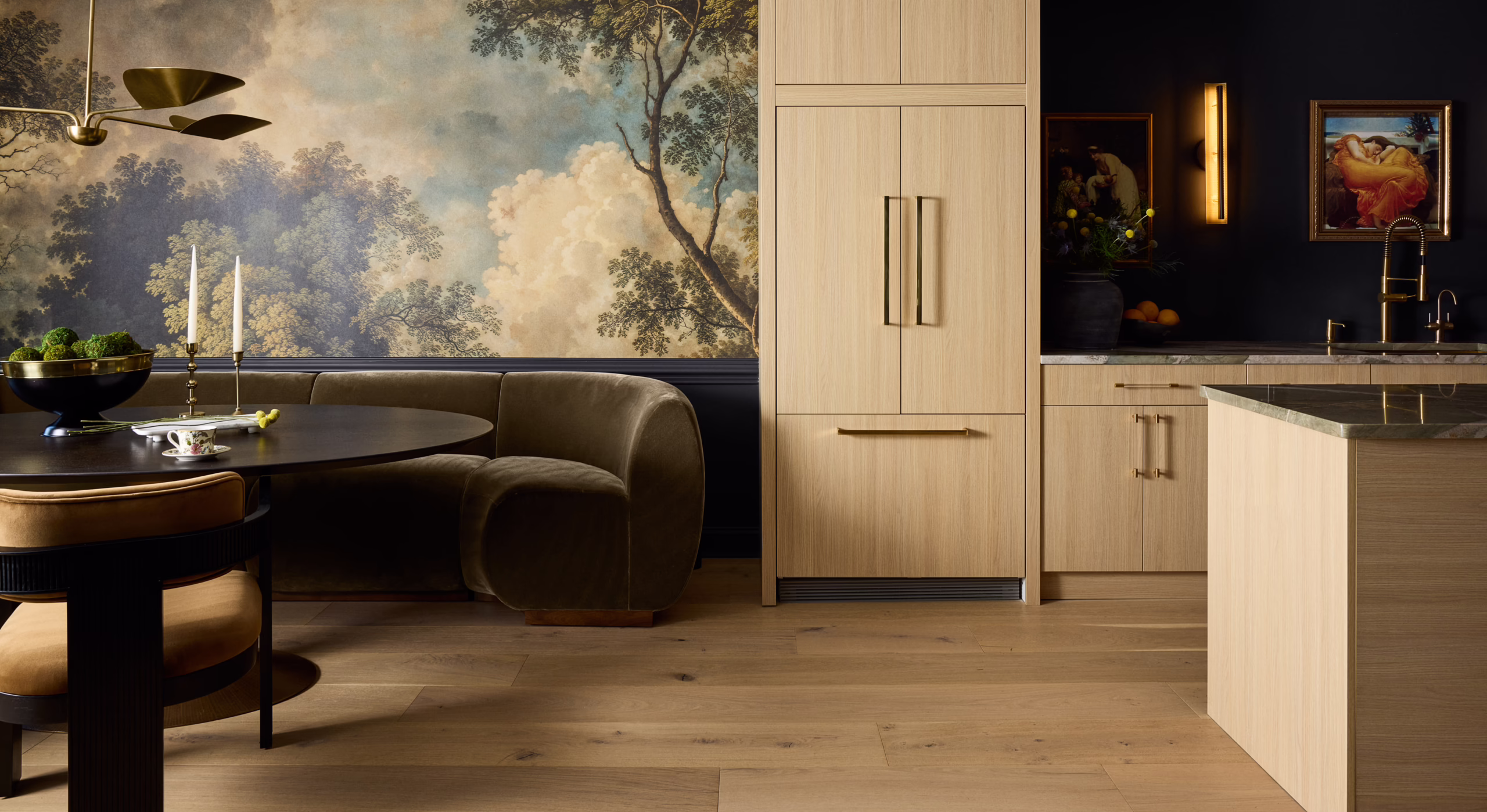 Kings Ct. dining nook and kitchen with a landscape mural and light wood cabinetry
